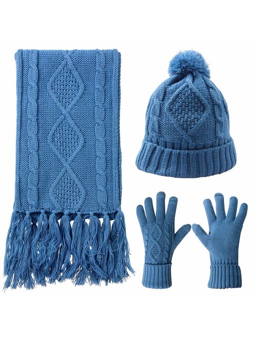 AGOOL Scarf Hat Gloves Set Women - Gift for Women Pom Beanie Warm Thick Cable Knit Touch Screen Gloves Long Scarf 3pcs Winter