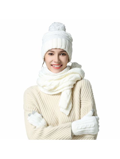 AGOOL Scarf Hat Gloves Set Women - Gift for Women Pom Beanie Warm Thick Cable Knit Touch Screen Gloves Long Scarf 3pcs Winter