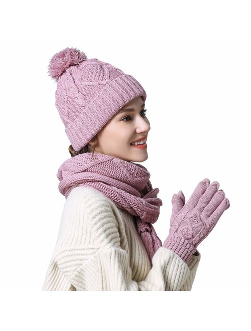 AGOOL Scarf Hat Gloves Set Women - Gift for Women Pom Beanie Warm Thick Cable Knit Touch Screen Gloves Long Scarf 3pcs Winter