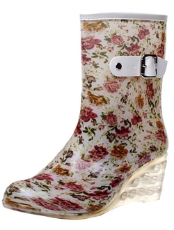 Odema Women's Mid Calf Rain Boots Buckle Side Zipper Wedge High Heel Waterproof Shoes Snow Wellies Bootie