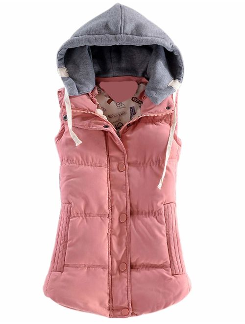 Yeokou Women's Slim Sleeveless Quilted Removable Hooded Winter Puffer Vest Coat