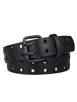 Grommet Leather Belts for Women, Black Belt Women Men with Double Studded Holes