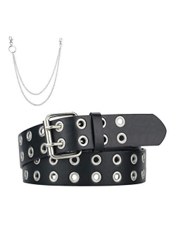 Grommet Leather Belts for Women, Black Belt Women Men with Double Studded Holes