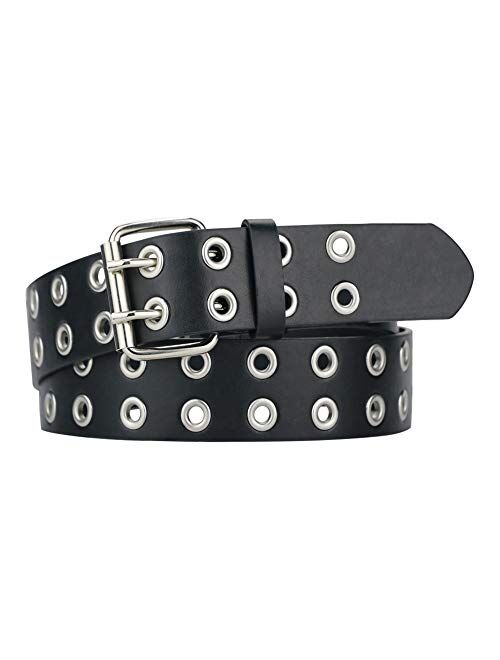 Grommet Leather Belts for Women, Black Belt Women Men with Double Studded Holes