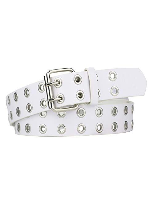 Grommet Leather Belts for Women, Black Belt Women Men with Double Studded Holes