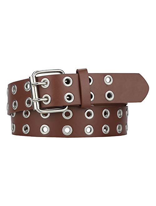 Grommet Leather Belts for Women, Black Belt Women Men with Double Studded Holes