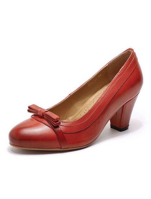 Mona flying Women's Leather Pumps Dress Shoes High Heels Med Heel Pointed Toe Formal Office Shoes for Women Ladies