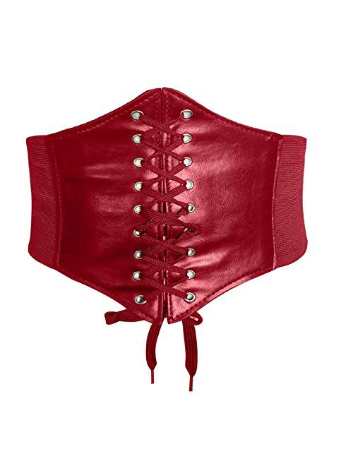 Woman Leatherette Wide Waistband Obi Belt Cityelf Faux Leather Wrap Around Lace Up Cinch Band Wide Self Tie Cummerbund