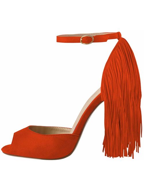 Onlymaker Women's Fringe Decoration Peep Toe High Heel Sandal Ankle Buckle Big Size for Party