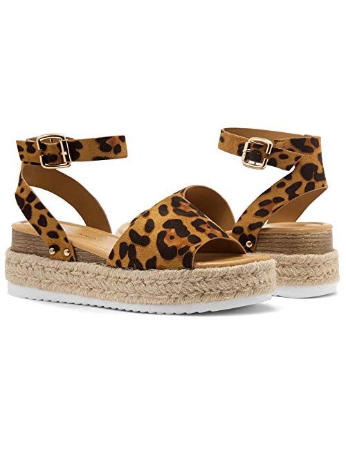 Shoe Land Legossa Womens Open Toe Ankle Strap Platform Wedge Shoes Casual Espadrilles Trim Flatform Studded Wedge Sandals