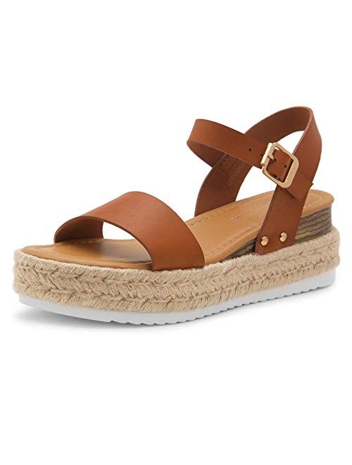 Shoe Land Legossa Womens Open Toe Ankle Strap Platform Wedge Shoes Casual Espadrilles Trim Flatform Studded Wedge Sandals