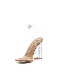 Maria-2 Clear Chunky Block High Heels for Women, Transparent Strappy Open Toe Shoes Heels for Women - Rose Gold Size 8.5