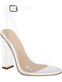 Maria-2 Clear Chunky Block High Heels for Women, Transparent Strappy Open Toe Shoes Heels for Women - Rose Gold Size 8.5