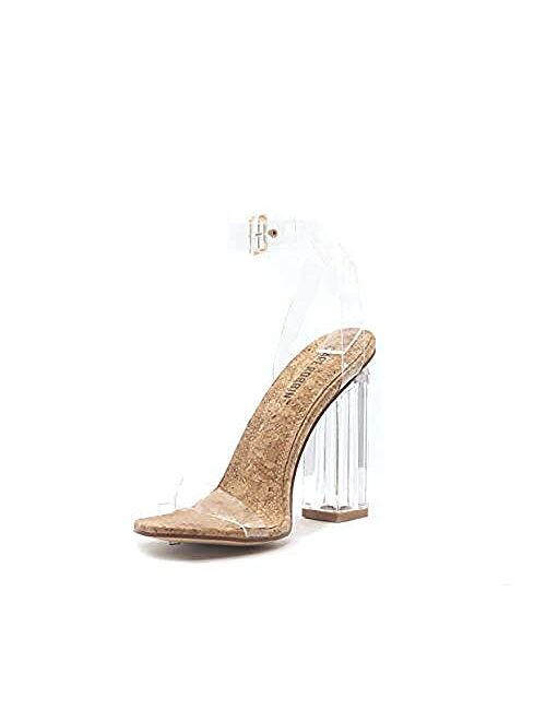 Cape Robbin Maria-2 Clear Chunky Block High Heels for Women, Transparent Strappy Open Toe Shoes Heels for Women - Rose Gold Size 8.5