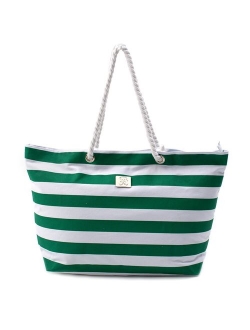 Large Canvas Striped Beach Bag - Top Zipper Closure - Waterproof Lining - Tote Shoulder Bag For Gym Beach Travel