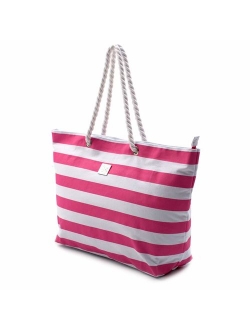 Large Canvas Striped Beach Bag - Top Zipper Closure - Waterproof Lining - Tote Shoulder Bag For Gym Beach Travel