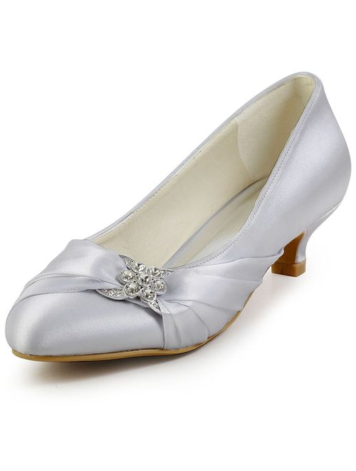 Elegantpark Women Closed Toe Comfort Heel Rhinestone Satin Wedding Bridal Shoes