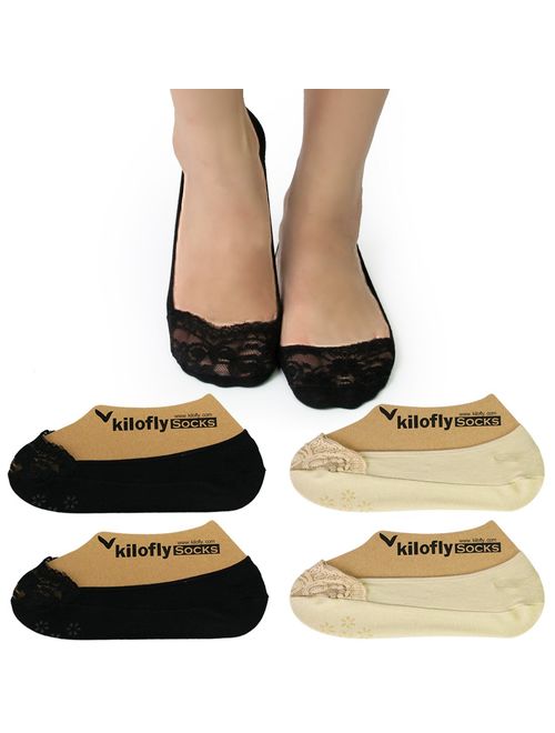 kilofly No Show Silicone Heel Grip Non-Skid Socks [4 Pairs Set, Black & Beige]