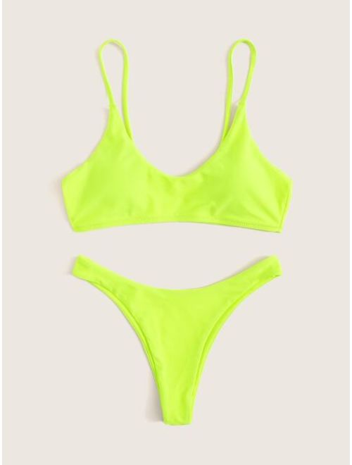 Buy Shein Neon Lime Spaghetti Strap Top With High Leg Bikini Online