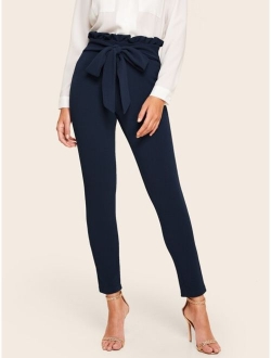 Frill Trim Bow Tie Waist Solid Pants