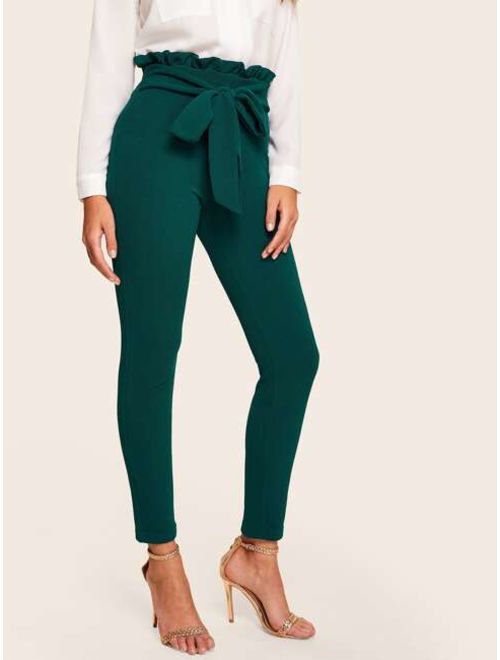 Shein Frill Trim Bow Tie Waist Solid Pants