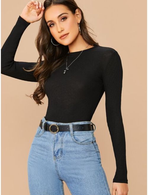 Shein Round Neck Rib-knit Solid Tee