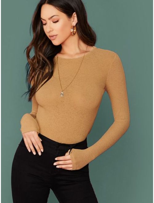 Shein Round Neck Rib-knit Solid Tee