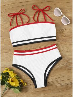 Buy Rib Contrast Binding High Waisted Bikini Set online