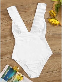 Ruffle Trim Lace Up One Piece Swimwear