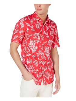 Mens Slim-Fit Coral-Print Linen Shirt (Sea Coral, XL)