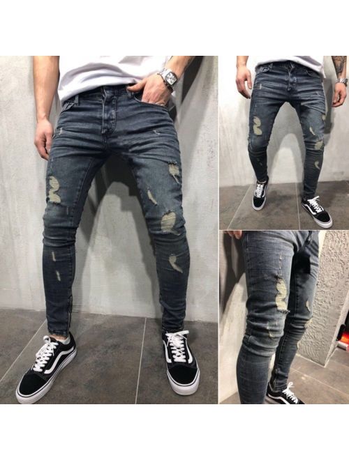 Meihuida Mens Ripped Jeans Stretchy Skinny Slim Fit Denim Pants Destroyed Frayed Trousers