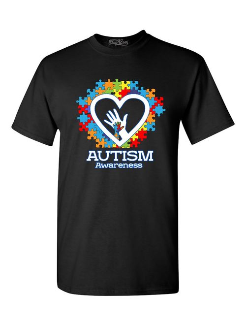 Shop4Ever Men's Autism Awareness Hands Puzzle Heart Graphic T-shirt