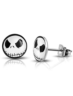 Stainless Steel Jack Skellington Round Circle Button Stud Post Earrings