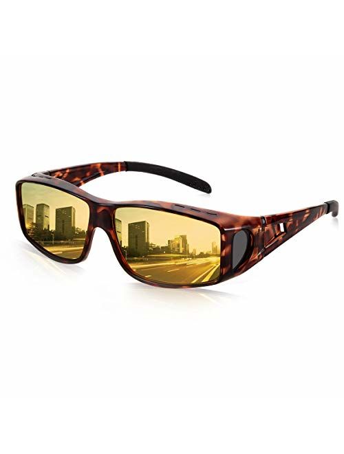 Wrap Around Night Vision Glasses Anti Glare, Day & Night Driving Polarized Sunglasses Fit Over Prescription Glasses