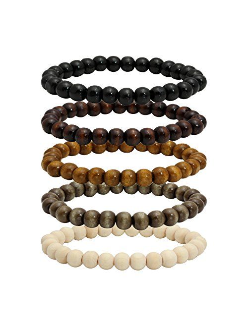 MILAKOO 5 Pcs Wooden Beaded Bracelet Bangle for Men and Women Elastic