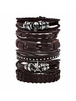 MILAKOO Leather Bracelet Black Brown Braided Wide Wristband Women Men Punk Jewelry Skull