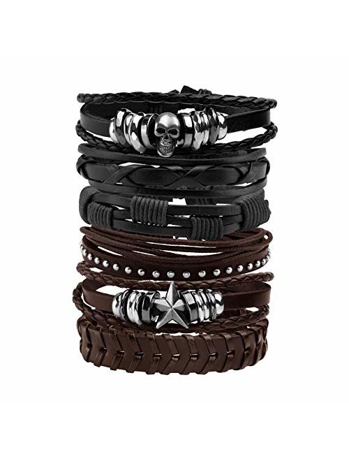 MILAKOO Leather Bracelet Black Brown Braided Wide Wristband Women Men Punk Jewelry Skull