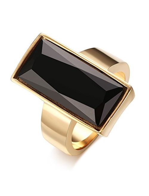 VNOX Stainless Steel Gold Plated Rectangular Black Glass Crystal Ring for Women