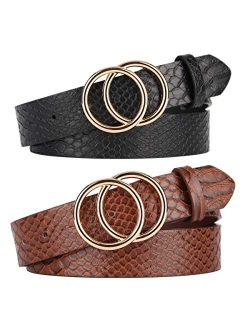 Pack 2 Women Belts for Jeans with Fashion Double O-Ring Buckle and Faux Leather