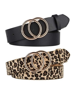 Pack 2 Women Belts for Jeans with Fashion Double O-Ring Buckle and Faux Leather