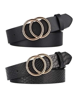 Pack 2 Women Belts for Jeans with Fashion Double O-Ring Buckle and Faux Leather