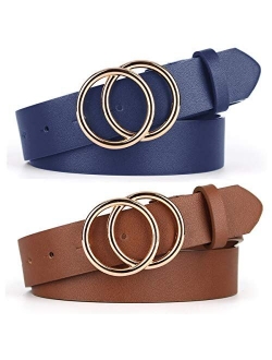 Pack 2 Women Belts for Jeans with Fashion Double O-Ring Buckle and Faux Leather