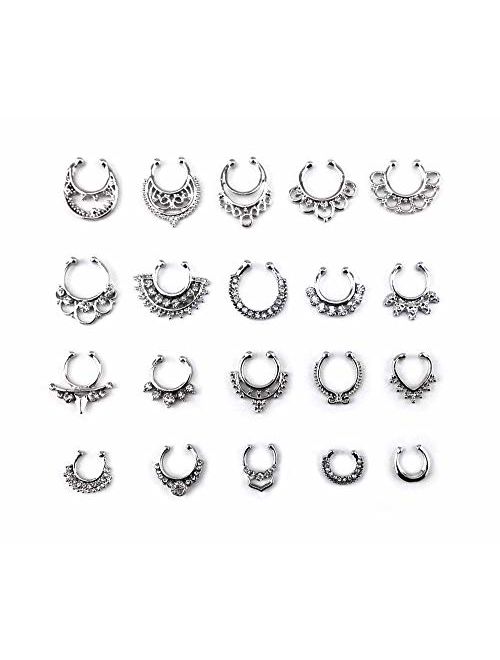 Honbay 20pcs Fake Septum Clicker Nose Ring Rhinestone Non Piercing Hanger Clip Body Jewelry