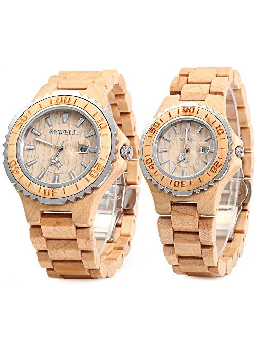 Bewell ZS-100B Couple Wooden Quartz Watch Men and Women Handmade Lightweight Date Display Fashion Watches