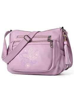 Embroidered Crossbody Bags For Women Print Pocketbooks Soft PU Leather Purses and Handbags Multi Pocket Shoulder Bag