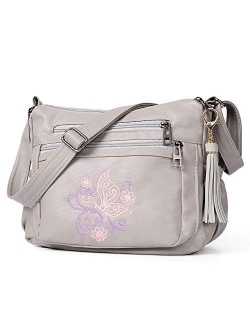 Embroidered Crossbody Bags For Women Print Pocketbooks Soft PU Leather Purses and Handbags Multi Pocket Shoulder Bag