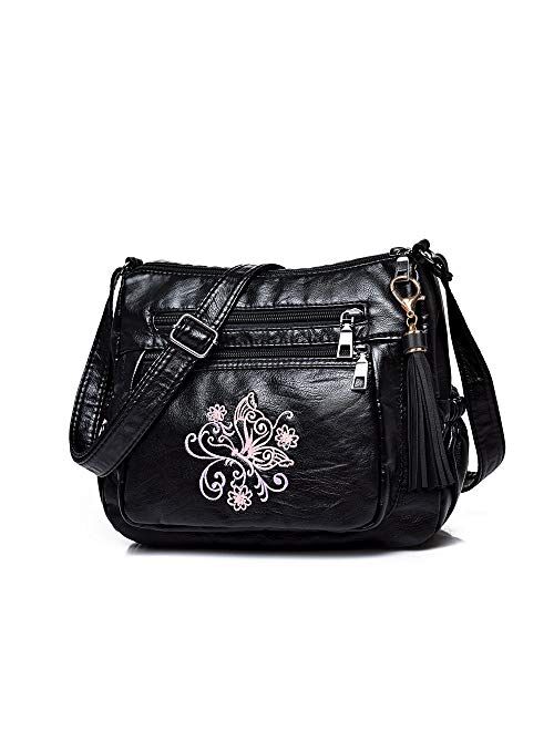 Embroidered Crossbody Bags For Women Print Pocketbooks Soft PU Leather Purses and Handbags Multi Pocket Shoulder Bag