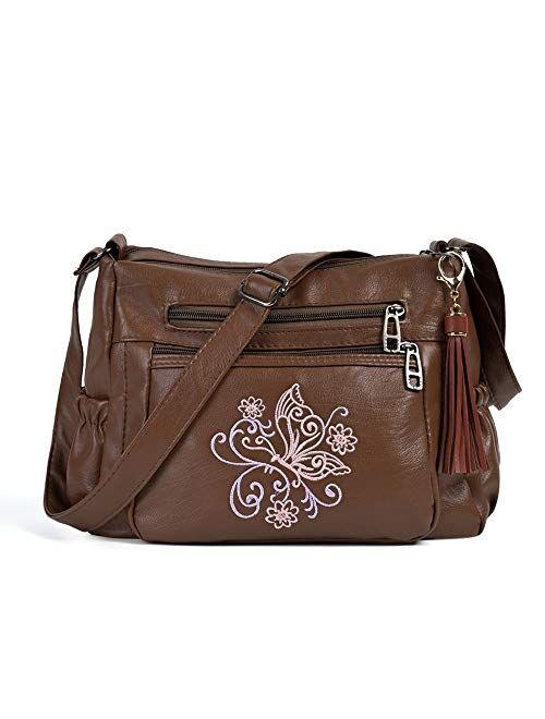 Embroidered Crossbody Bags For Women Print Pocketbooks Soft PU Leather Purses and Handbags Multi Pocket Shoulder Bag