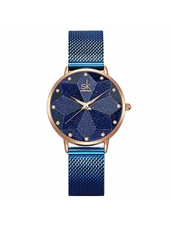 SK Ultra Thin Minialist Creative Starry Sky Women Watch with Genuine Leather Stainless Steel Mesh Band Floral Watch