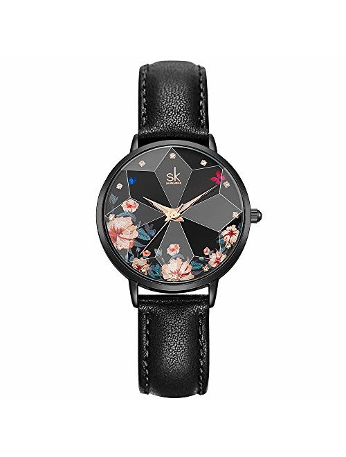 SK Ultra Thin Minialist Creative Starry Sky Women Watch with Genuine Leather Stainless Steel Mesh Band Floral Watch